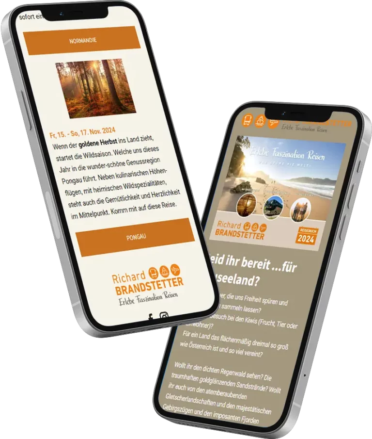 Zwei Smartphones zeigen Mockups der mobile Website des Reiseanbieters Richard Brandstetter.