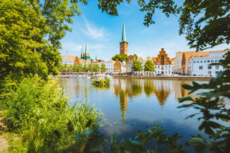 Historic city of Luebeck with Trave river in summer, Schleswig-Holstein, Germany