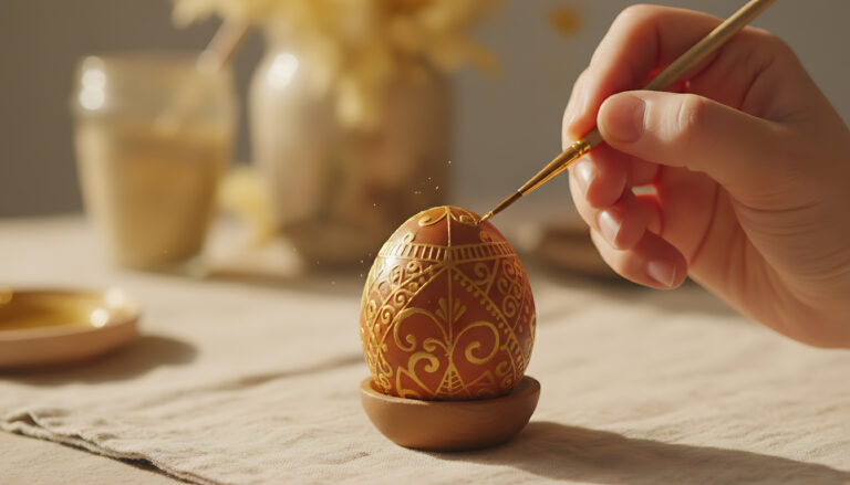 Hand painting decorative Easter egg with intricate patterns on rustic table. Easter egg showcases detailed ornamentation and artistic expression